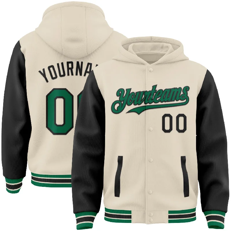 Functional And Stylish Unisex Wear Fashion Frontiers Custom Cream Kelly Green-Black Bomber Full-Snap Varsity Letterman Two Tone Hoodie Jacket