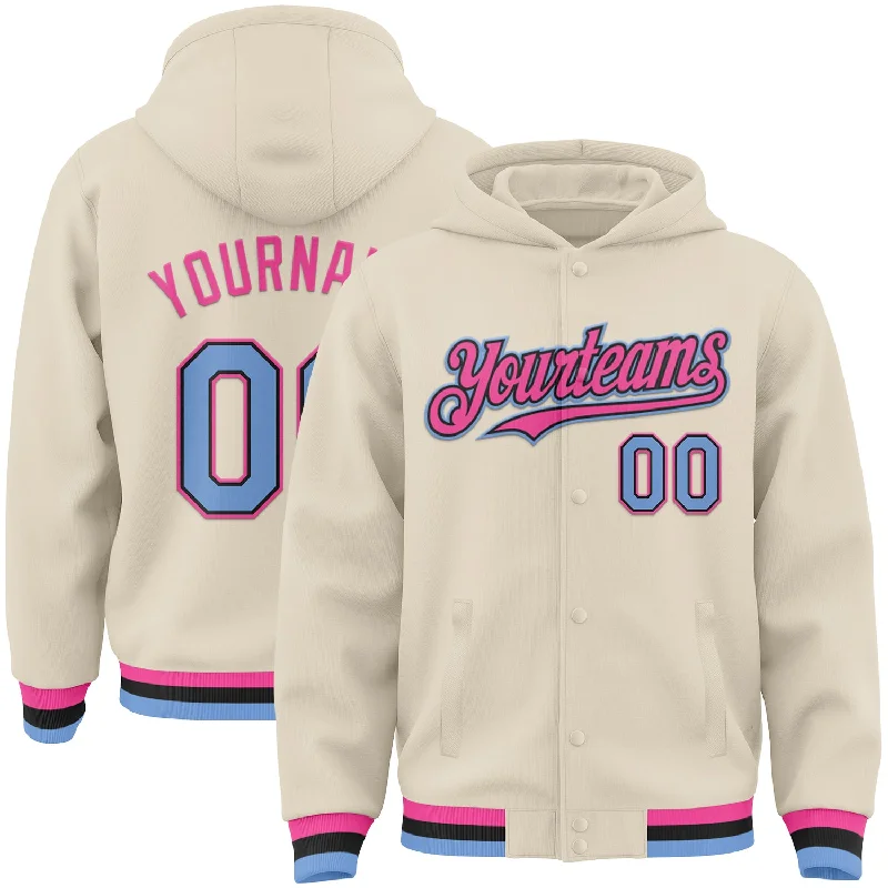 Everyday Wear For Men And Women Seasonal Clearance Custom Cream Light Blue Black-Pink Bomber Full-Snap Varsity Letterman Hoodie Jacket