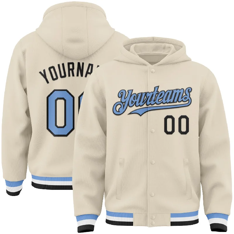 Unisex Casual Fashion Trends Evening Elegance Custom Cream Light Blue Black-White Bomber Full-Snap Varsity Letterman Hoodie Jacket