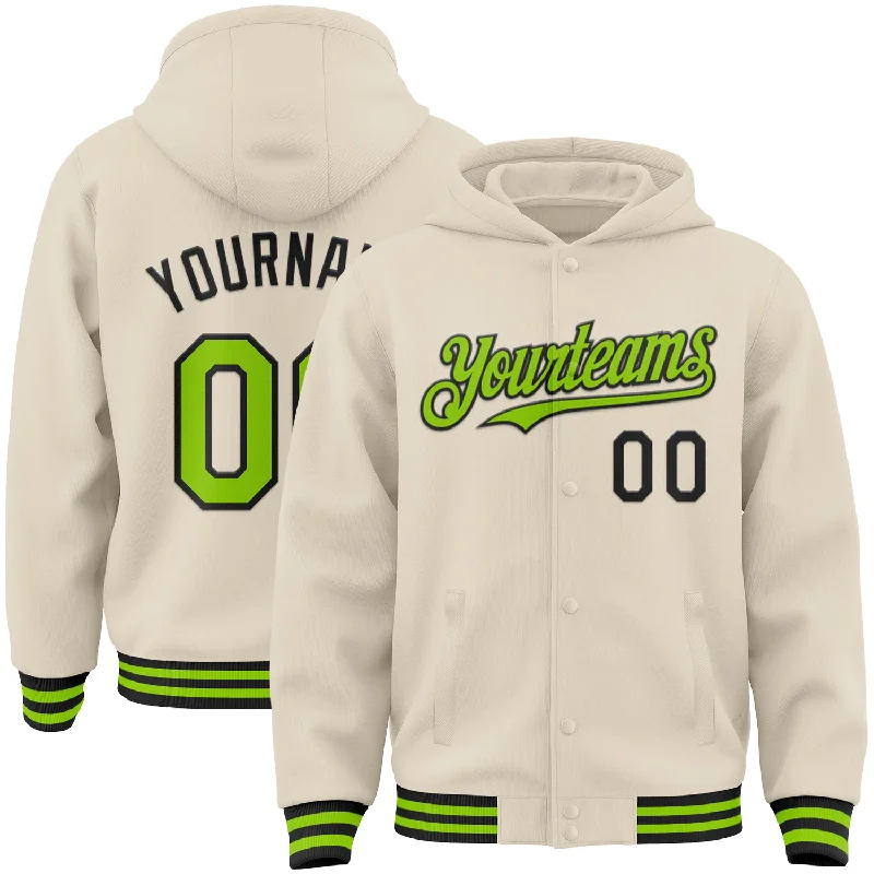 Soft And Breathable Unisex Loungewear Snag Fabulous Fashion Bargains Custom Cream Neon Green-Black Bomber Full-Snap Varsity Letterman Hoodie Jacket