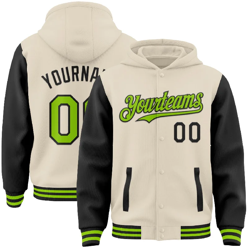 Classic Unisex Fashion Looks Huge Price Cut Custom Cream Neon Green-Black Bomber Full-Snap Varsity Letterman Two Tone Hoodie Jacket