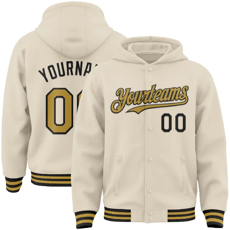 High-Quality Unisex Basics For Everyday Wear Fashion Forward, Function First Custom Cream Old Gold-Black Bomber Full-Snap Varsity Letterman Hoodie Jacket