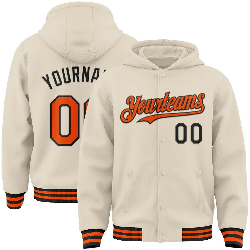 Classic And Timeless Unisex Style End-Of-Season Clearance Custom Cream Orange-Black Bomber Full-Snap Varsity Letterman Hoodie Jacket