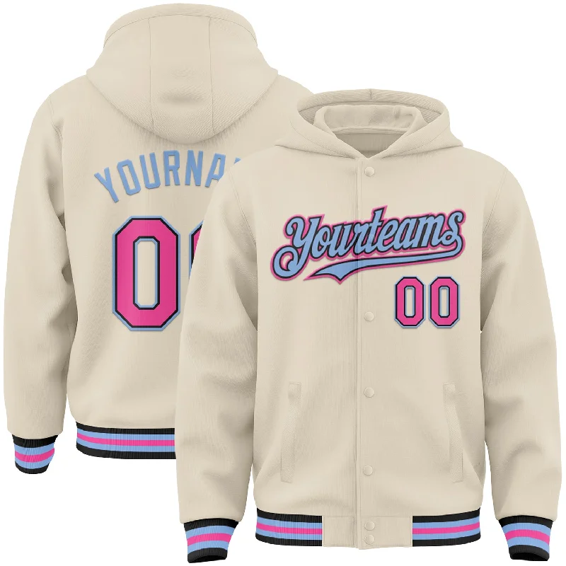 Modern Unisex Wardrobe Staples Trendy Threads Custom Cream Pink Black-Light Blue Bomber Full-Snap Varsity Letterman Hoodie Jacket