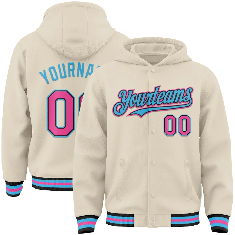 Casual Yet Sophisticated Unisex Fashion Flash Sale, Don'T Miss Custom Cream Pink Black-Sky Blue Bomber Full-Snap Varsity Letterman Hoodie Jacket