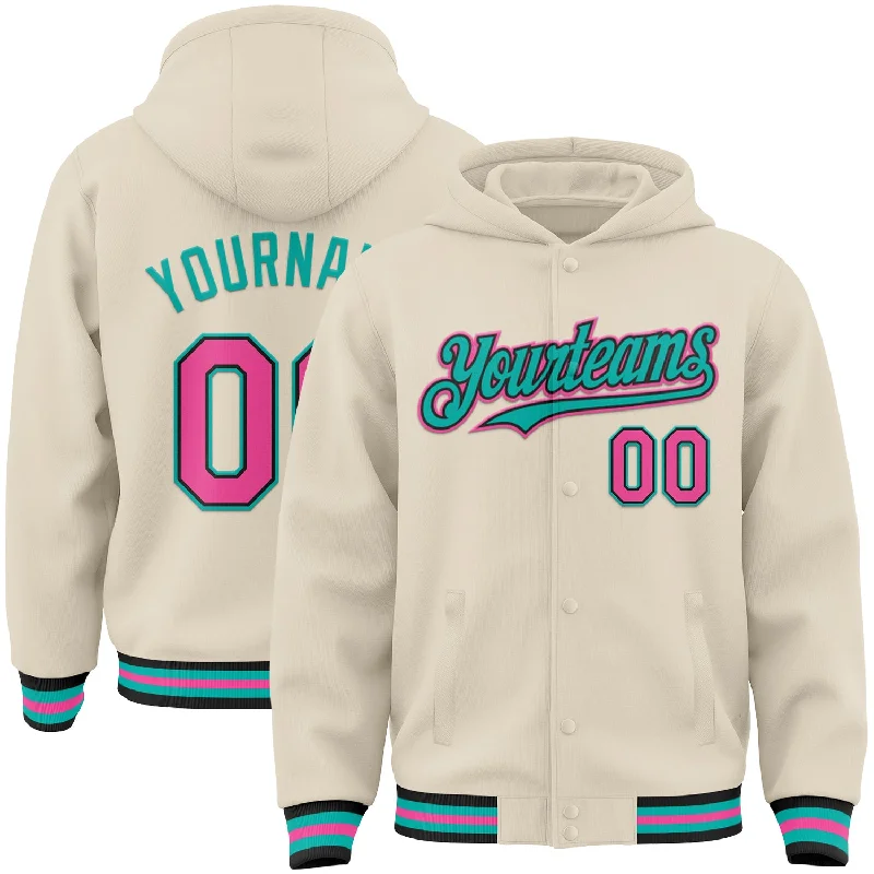 Chic And Casual Unisex Fashion Trends Insane Discount Onslaught Custom Cream Pink Black-Aqua Bomber Full-Snap Varsity Letterman Hoodie Jacket