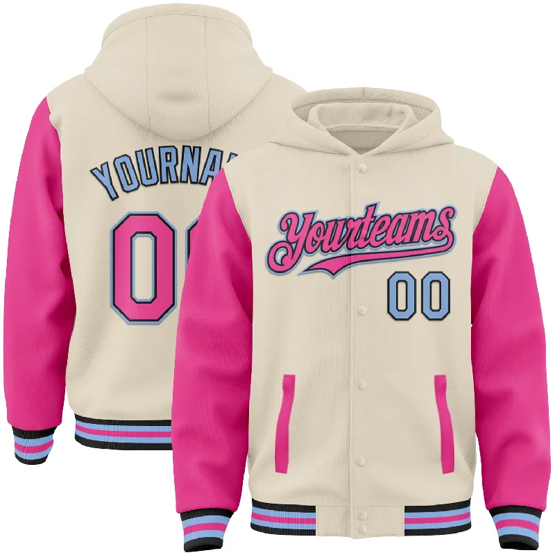 Comfortable And Stylish Unisex Outfits Valentine's Special Custom Cream Pink Black-Light Blue Bomber Full-Snap Varsity Letterman Two Tone Hoodie Jacket