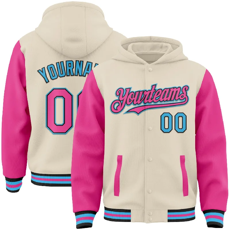 High-Quality Unisex Fashion Basics Trend Leading Collection Custom Cream Pink Black-Sky Blue Bomber Full-Snap Varsity Letterman Two Tone Hoodie Jacket