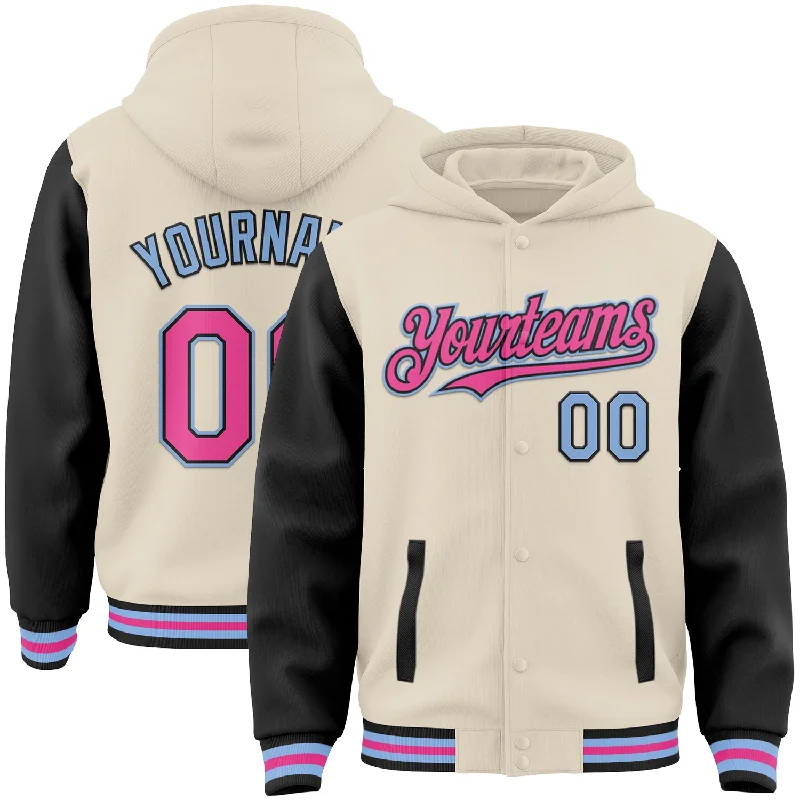 Sustainable Gender-Neutral Apparel Massive Savings Custom Cream Pink Black-Light Blue Bomber Full-Snap Varsity Letterman Two Tone Hoodie Jacket