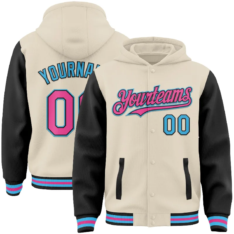 Comfortable Unisex Streetwear Season Offer Custom Cream Pink Black-Sky Blue Bomber Full-Snap Varsity Letterman Two Tone Hoodie Jacket