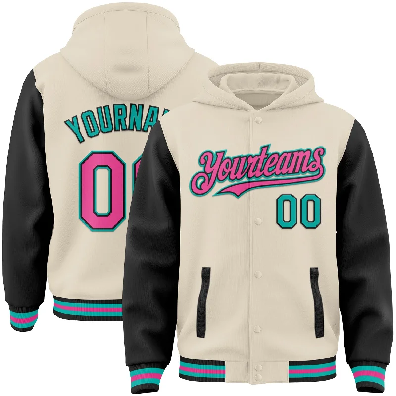 Casual Yet Sophisticated Unisex Fashion Best Sellers Custom Cream Pink Black-Aqua Bomber Full-Snap Varsity Letterman Two Tone Hoodie Jacket