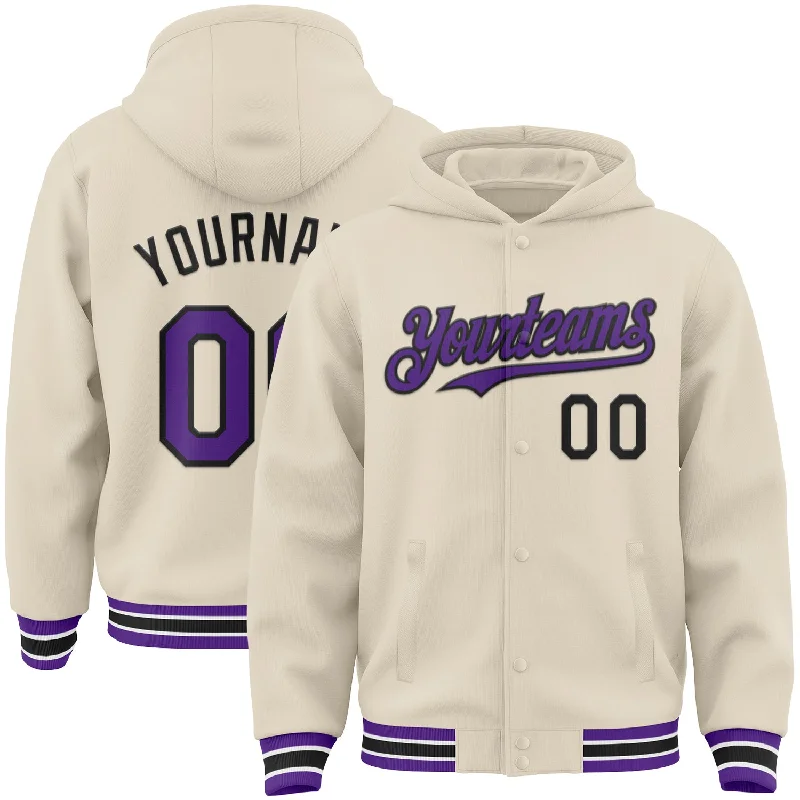 Unisex Casual Wear For All Seasons Timeless Style Promotions Custom Cream Purple Black-White Bomber Full-Snap Varsity Letterman Hoodie Jacket