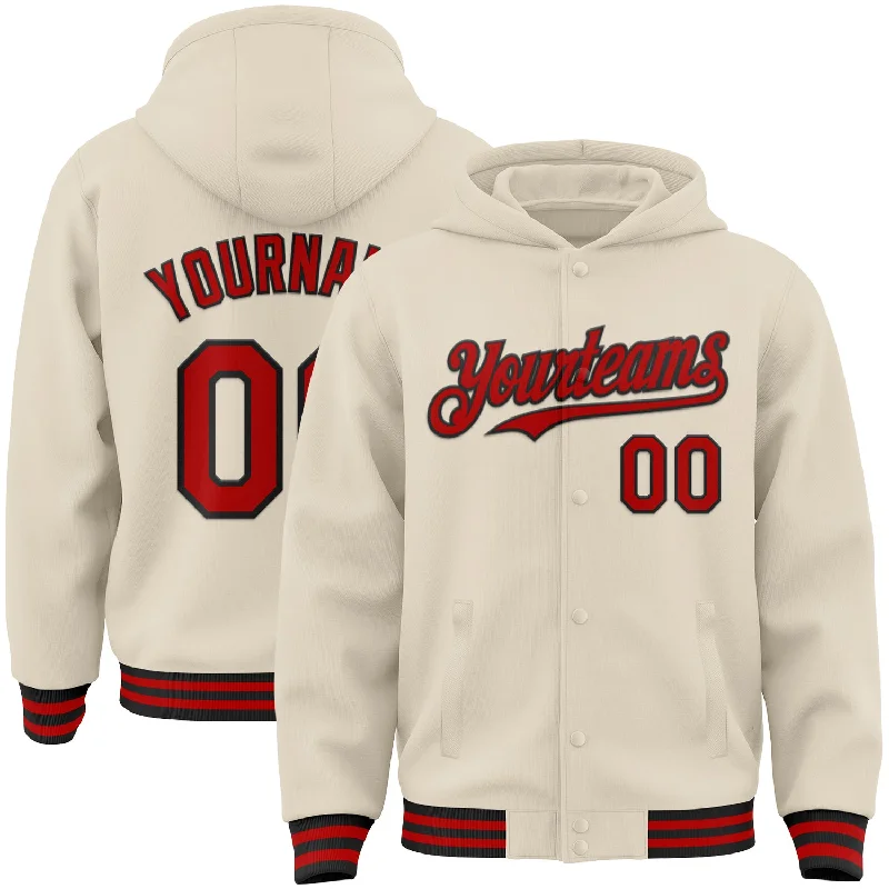 Classic Unisex Fashion Looks Hot Styles Custom Cream Red-Black Bomber Full-Snap Varsity Letterman Hoodie Jacket