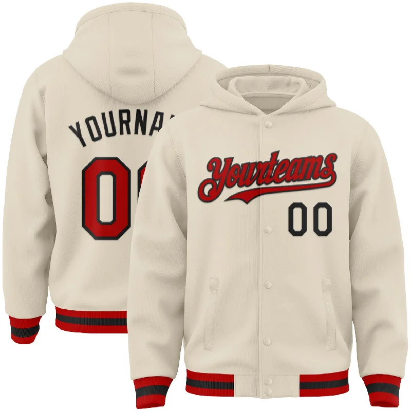 All-Season Unisex Clothing Collection Budget-Friendly Fashion Custom Cream Red-Black Bomber Full-Snap Varsity Letterman Hoodie Jacket