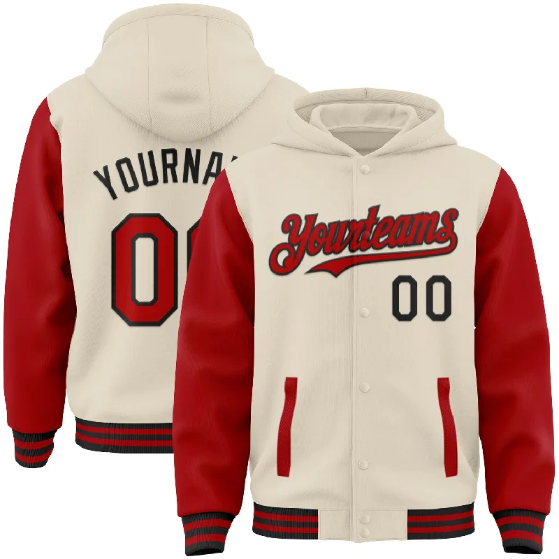 Minimalist Unisex Wardrobe Must-Haves Mega Sales Custom Cream Red-Black Bomber Full-Snap Varsity Letterman Two Tone Hoodie Jacket