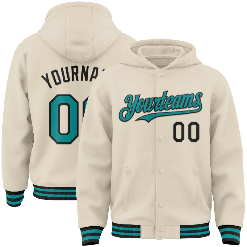 Unisex Casual Wear For All Seasons Ride The Style Wave Custom Cream Teal-Black Bomber Full-Snap Varsity Letterman Hoodie Jacket