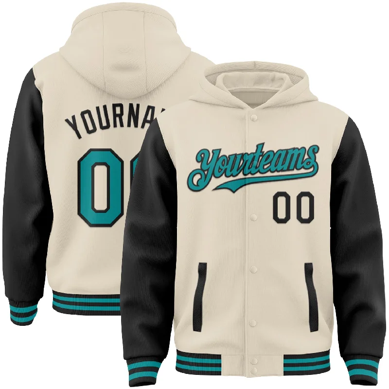 Sleek And Stylish Unisex Outerwear You'Ll Love Us Because Custom Cream Teal-Black Bomber Full-Snap Varsity Letterman Two Tone Hoodie Jacket