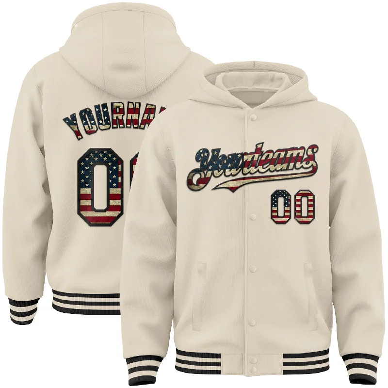 Trendy Unisex Streetwear Fashion Summer Fashion Custom Cream Vintage USA Flag-Black Bomber Full-Snap Varsity Letterman Hoodie Jacket