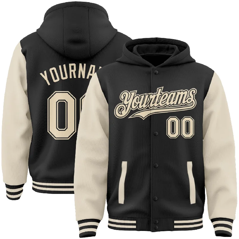 Functional And Stylish Unisex Outerwear Clearance Event Custom Black Cream Bomber Full-Snap Varsity Letterman Two Tone Hoodie Jacket