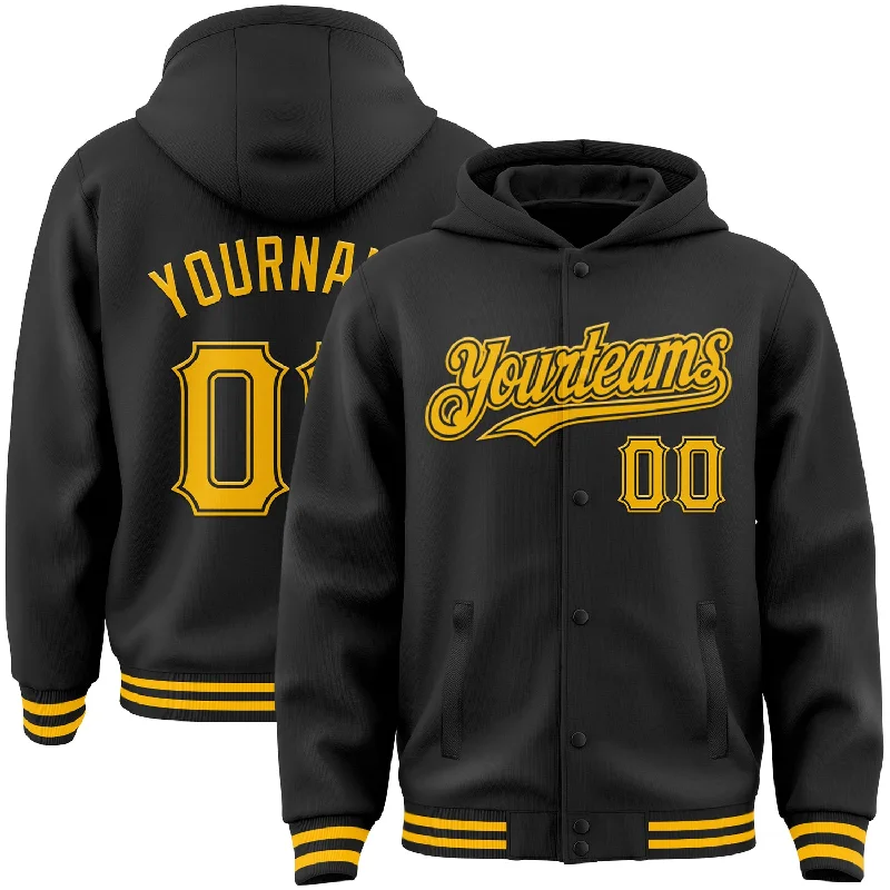 Sleek And Contemporary Gender-Free Outfits Crazy Discounts, Hurry Up Custom Black Gold Bomber Full-Snap Varsity Letterman Hoodie Jacket