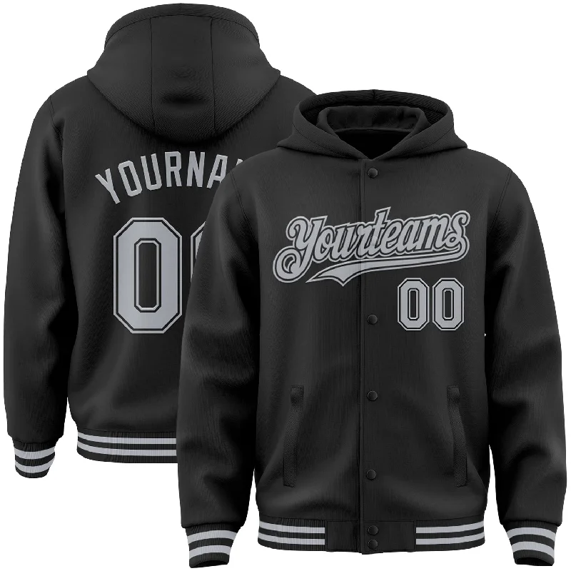 Classic And Timeless Gender-Neutral Fashion Sustainable Fashion Extravaganza Custom Black Gray Bomber Full-Snap Varsity Letterman Hoodie Jacket