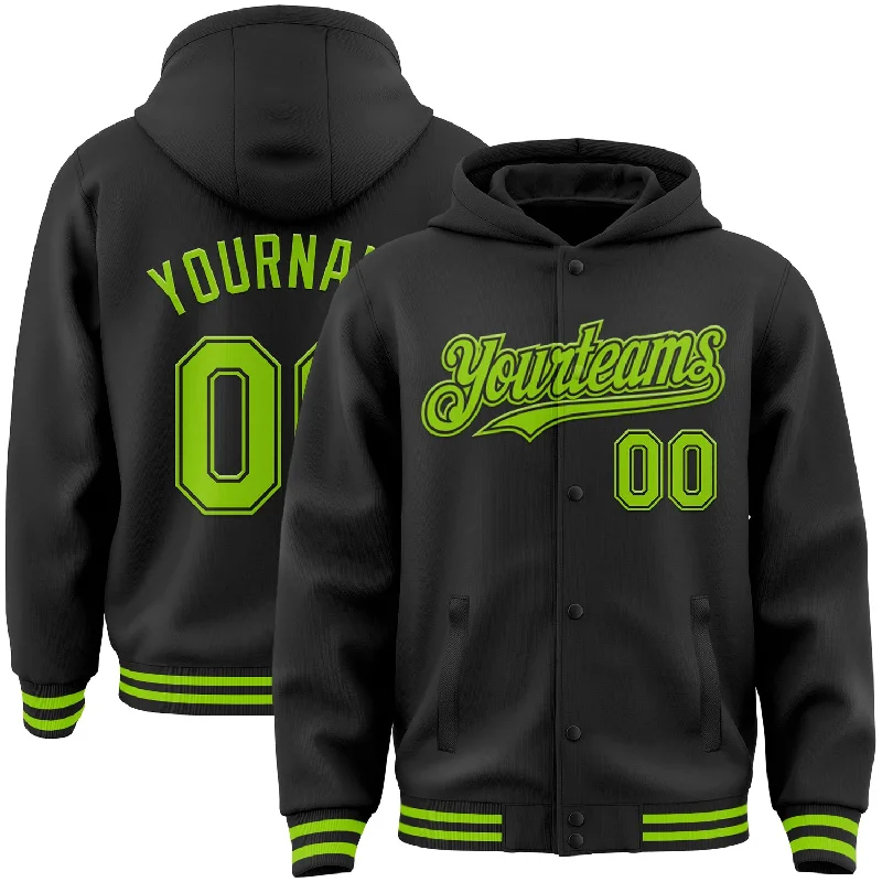 Oversized And Relaxed Unisex Fashion Vibrant Style Promotions Custom Black Neon Green Bomber Full-Snap Varsity Letterman Hoodie Jacket