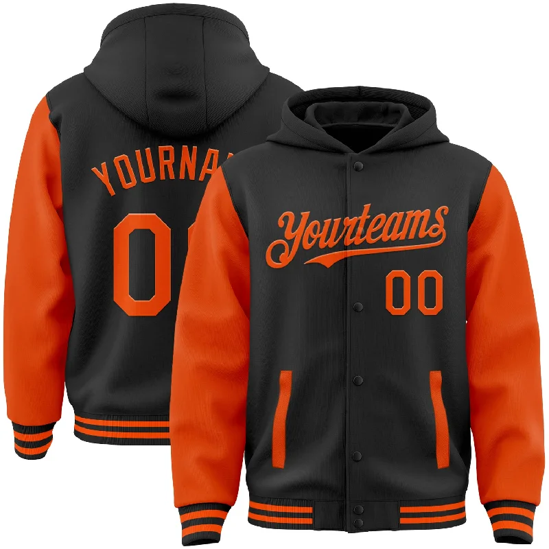 Modern Unisex Clothing For Any Occasion Modern Fashion Sale Custom Black Orange Bomber Full-Snap Varsity Letterman Two Tone Hoodie Jacket