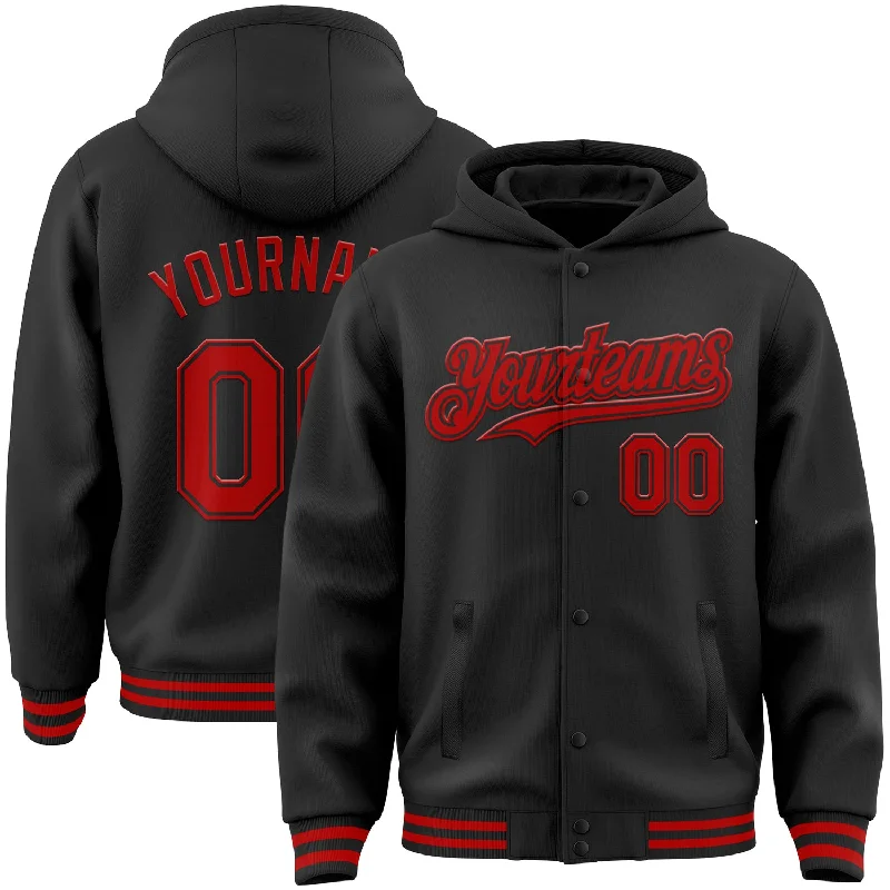 Breathable And Lightweight Unisex Wear Seasonal Clearance Custom Black Red Bomber Full-Snap Varsity Letterman Hoodie Jacket