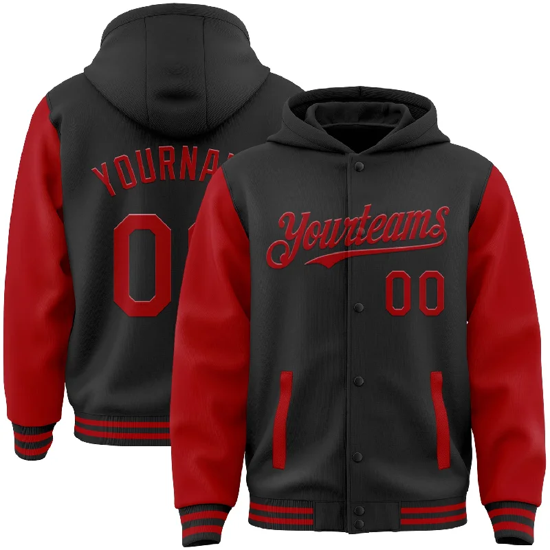 Trendy Unisex Chic & Modern Sales Custom Black Red Bomber Full-Snap Varsity Letterman Two Tone Hoodie Jacket