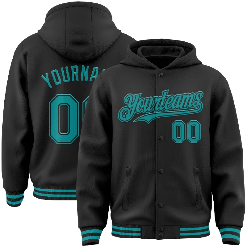 Sleek And Stylish Unisex Outerwear Exclusive Deals Online Custom Black Teal Bomber Full-Snap Varsity Letterman Hoodie Jacket