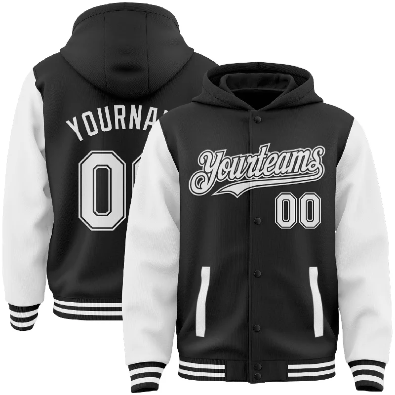 Unisex Everyday Fashion Essentials Limited Time Offer Custom Black White Bomber Full-Snap Varsity Letterman Two Tone Hoodie Jacket