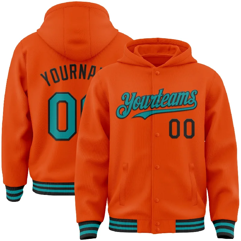 Fashion-Forward Gender-Neutral Outfit Ideas Special Offer For You Custom Orange Teal-Black Bomber Full-Snap Varsity Letterman Hoodie Jacket