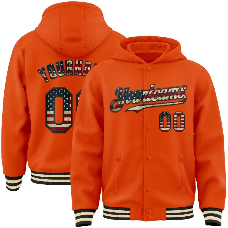 Everyday Wear For Men And Women Chic Trends Unveiled Custom Orange Vintage USA Flag Black-Cream Bomber Full-Snap Varsity Letterman Hoodie Jacket