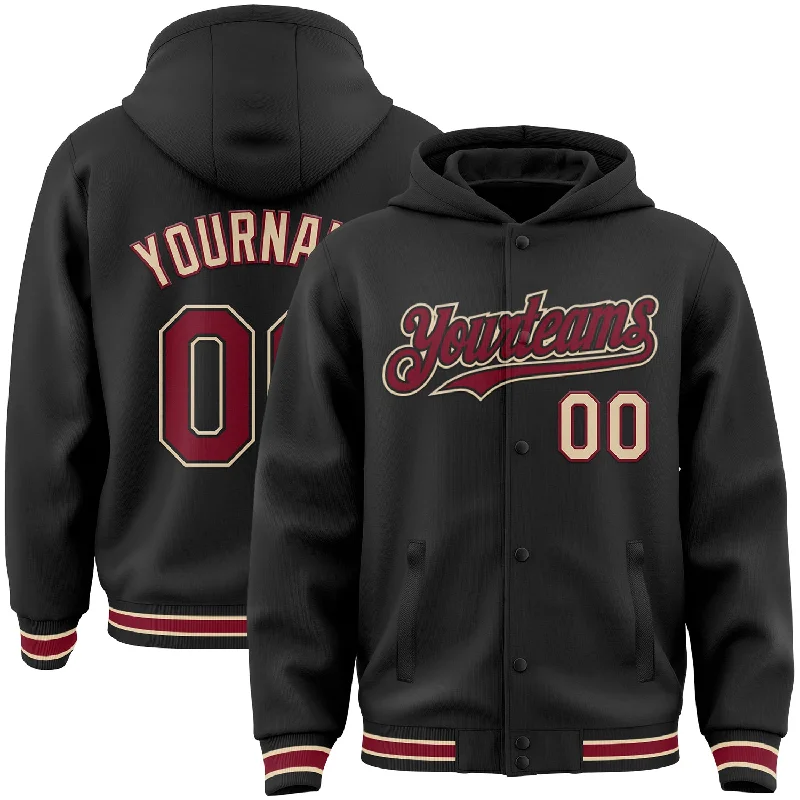 Elegant And Minimal Gender-Free Clothing Premium Style Custom Black Crimson-City Cream Bomber Full-Snap Varsity Letterman Hoodie Jacket