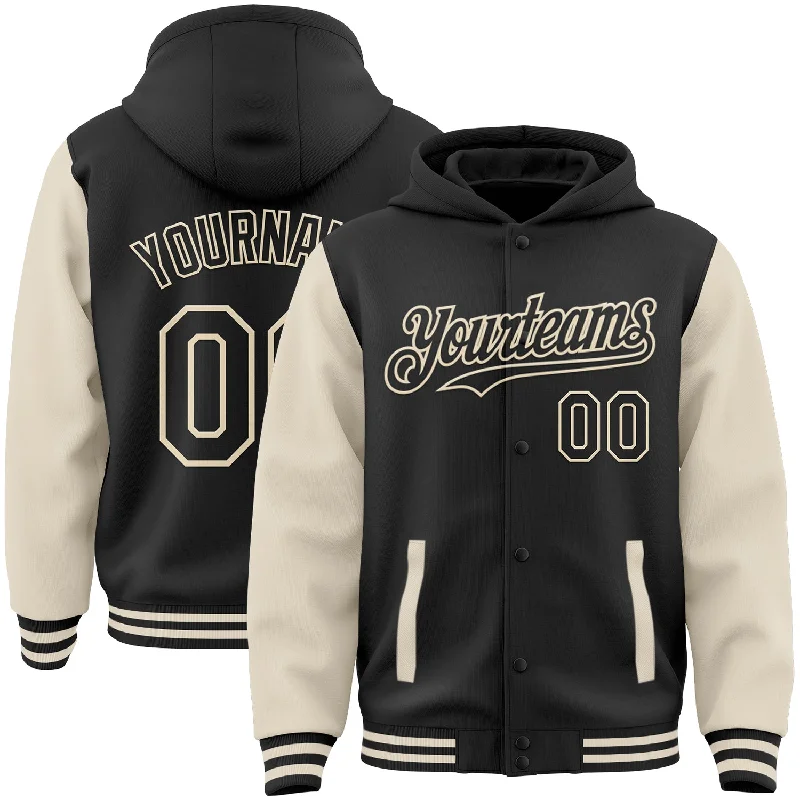 Casual And Trendy Unisex Fashion Staples Trendy Styles Custom Black Cream Bomber Full-Snap Varsity Letterman Two Tone Hoodie Jacket