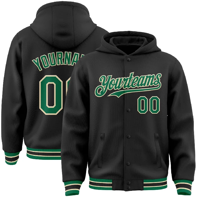 Effortless And Modern Unisex Dressing Catch Every Fashion Trend Custom Black Kelly Green-Cream Bomber Full-Snap Varsity Letterman Hoodie Jacket