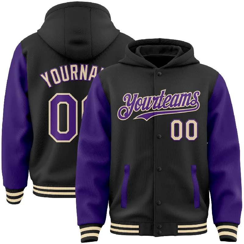 Oversized And Relaxed Unisex Fashion Snag Fabulous Fashion Bargains Custom Black Purple-Cream Bomber Full-Snap Varsity Letterman Two Tone Hoodie Jacket