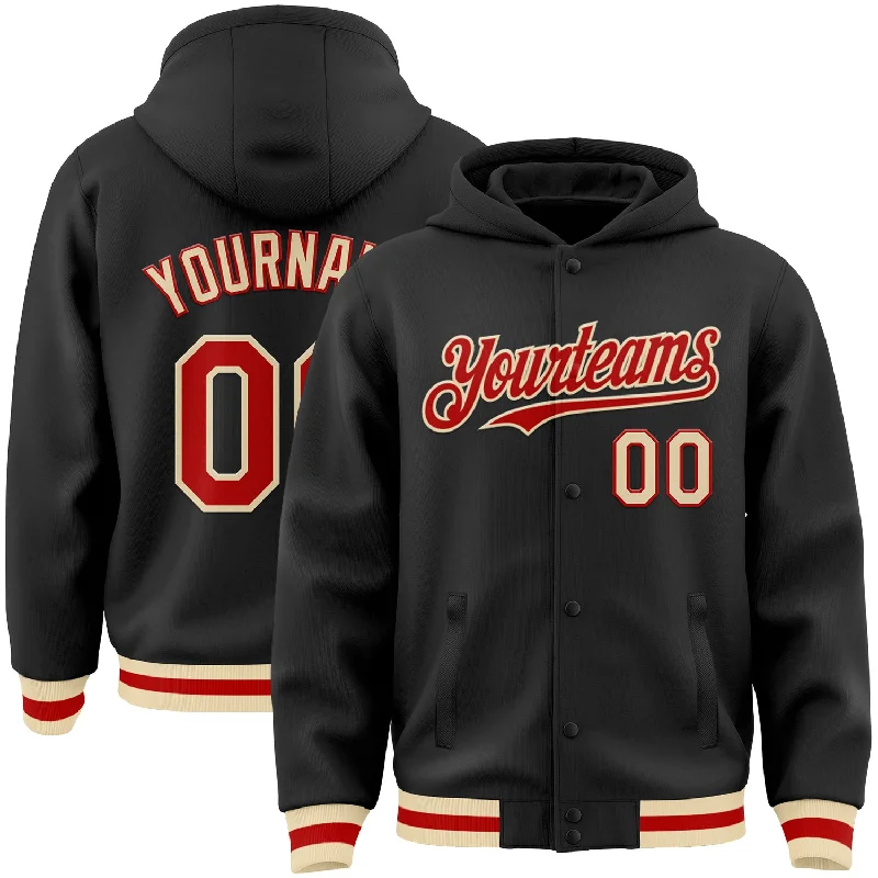 Fashion-Forward Unisex Apparel Trend Forward Threads Custom Black Red-Cream Bomber Full-Snap Varsity Letterman Hoodie Jacket