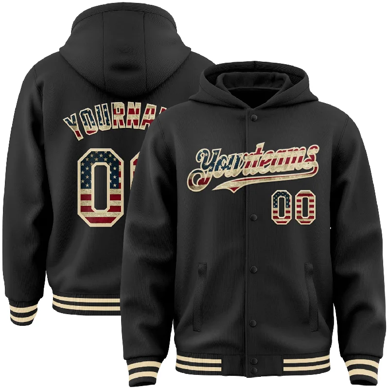 Sleek And Contemporary Gender-Free Outfits Fashion Frontiers Custom Black Vintage USA Flag-Cream Bomber Full-Snap Varsity Letterman Hoodie Jacket