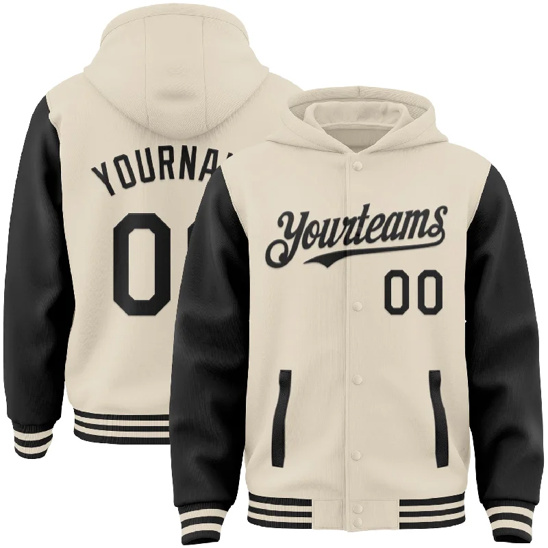 Unisex Casual Fashion Trends Style Revolution Custom Cream Black Bomber Full-Snap Varsity Letterman Two Tone Hoodie Jacket