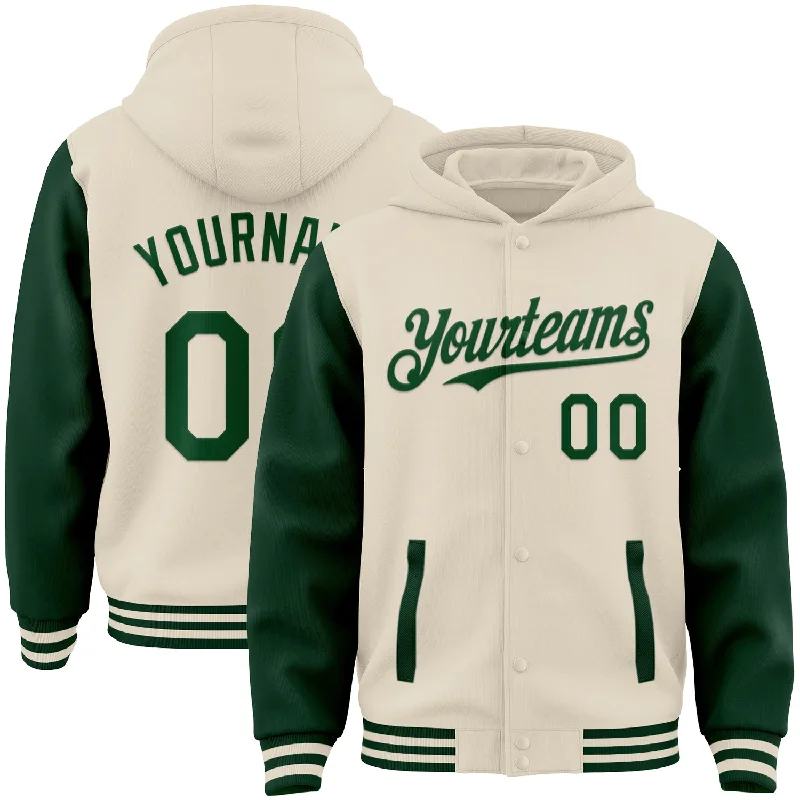 High-Quality Unisex Basics For All Occasions Big Savings Custom Cream Green Bomber Full-Snap Varsity Letterman Two Tone Hoodie Jacket