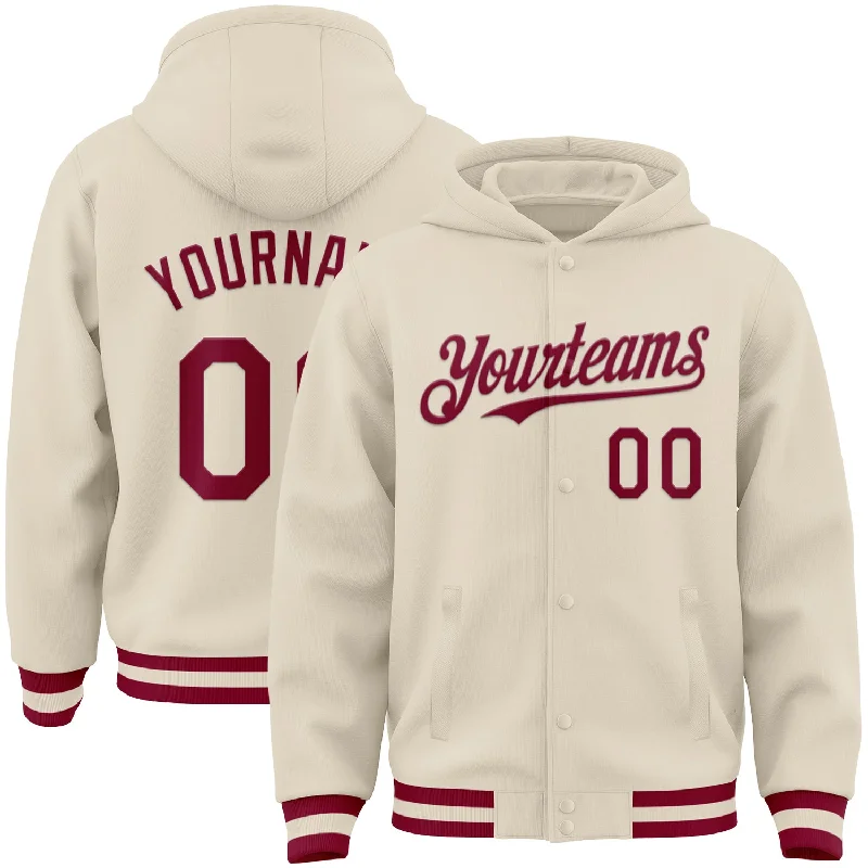 Versatile Unisex Layering Pieces Latest Fashion Custom Cream Maroon Bomber Full-Snap Varsity Letterman Hoodie Jacket