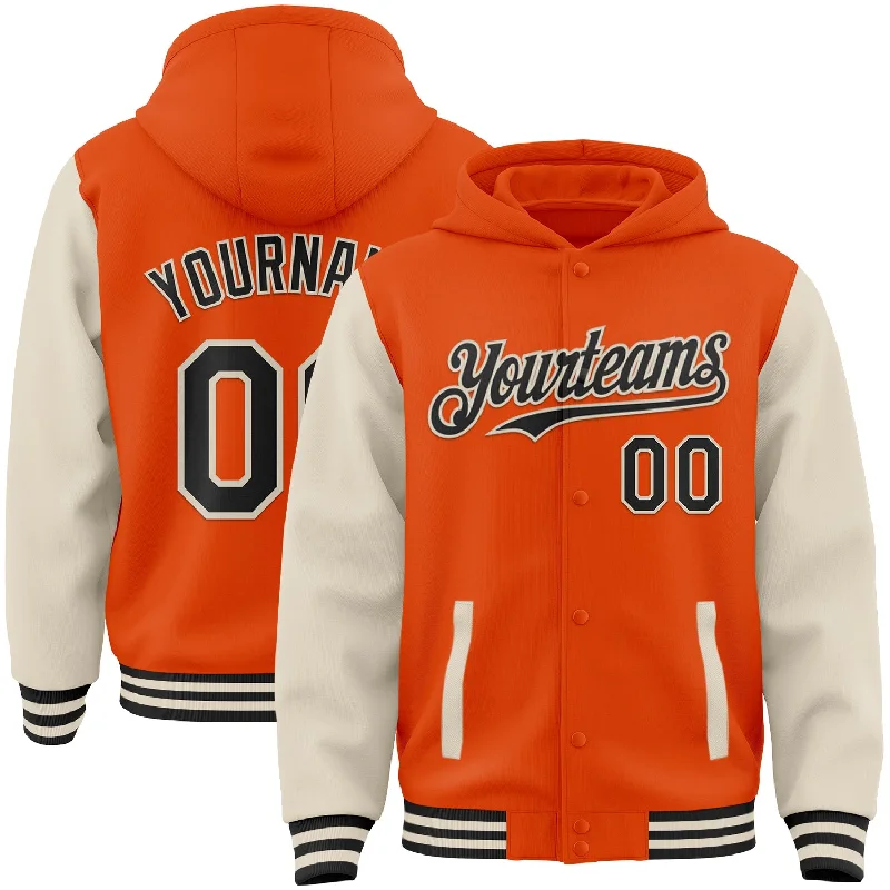 Gender-Neutral Fashion For Everyday Style Fashion-Forward Offers Custom Orange Black-Cream Bomber Full-Snap Varsity Letterman Two Tone Hoodie Jacket