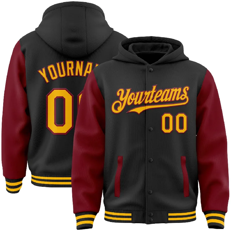 Sustainable Gender-Neutral Apparel Fashion Forward Femininity Custom Black Gold-Crimson Bomber Full-Snap Varsity Letterman Two Tone Hoodie Jacket