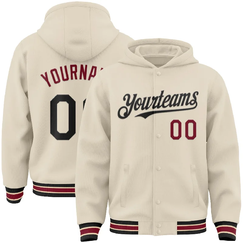 Fashion-Forward Gender-Neutral Outfit Ideas Luxe Style Discounts Custom Cream Black Crimson-City Cream Bomber Full-Snap Varsity Letterman Hoodie Jacket