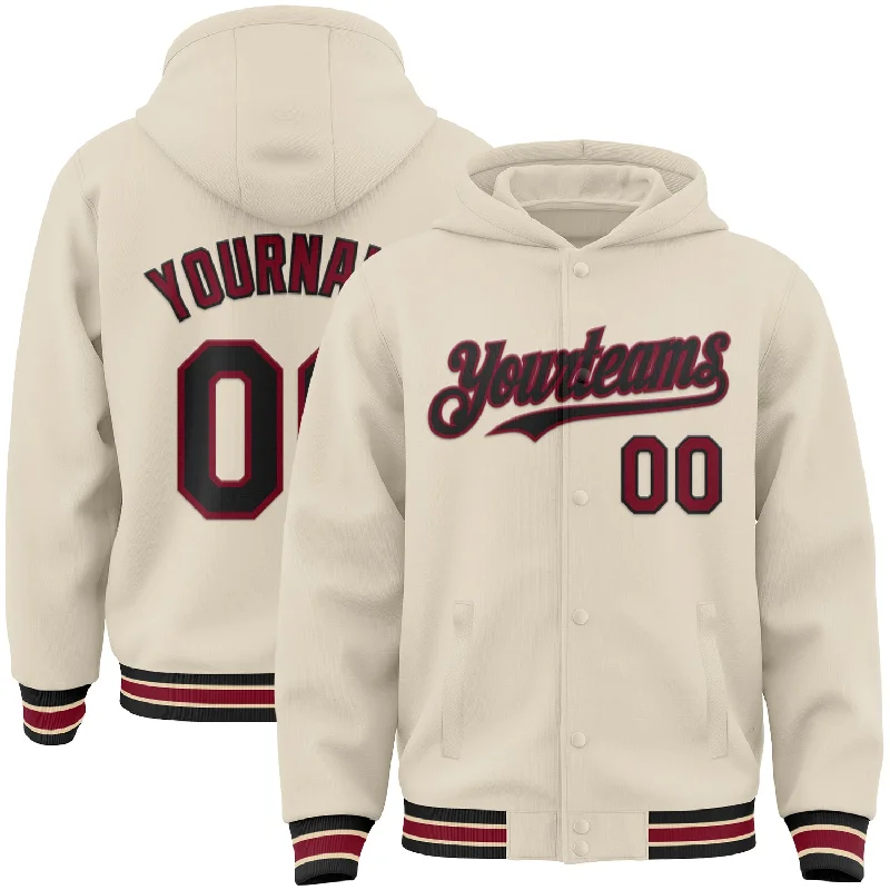 Trendy Unisex Streetwear Fashion Feminine Luxe Style Sale Custom Cream Black Crimson-City Cream Bomber Full-Snap Varsity Letterman Hoodie Jacket