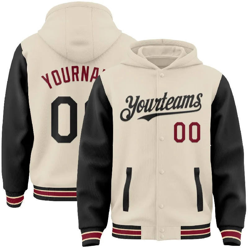 Sleek And Contemporary Gender-Free Outfits Daily Deals Custom Cream Black Crimson-City Cream Bomber Full-Snap Varsity Letterman Two Tone Hoodie Jacket