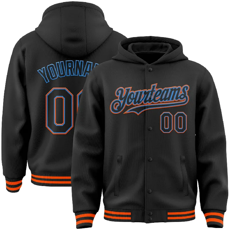 Functional And Stylish Unisex Wear Limited Edition Custom Black Powder Blue-Orange Bomber Full-Snap Varsity Letterman Hoodie Jacket