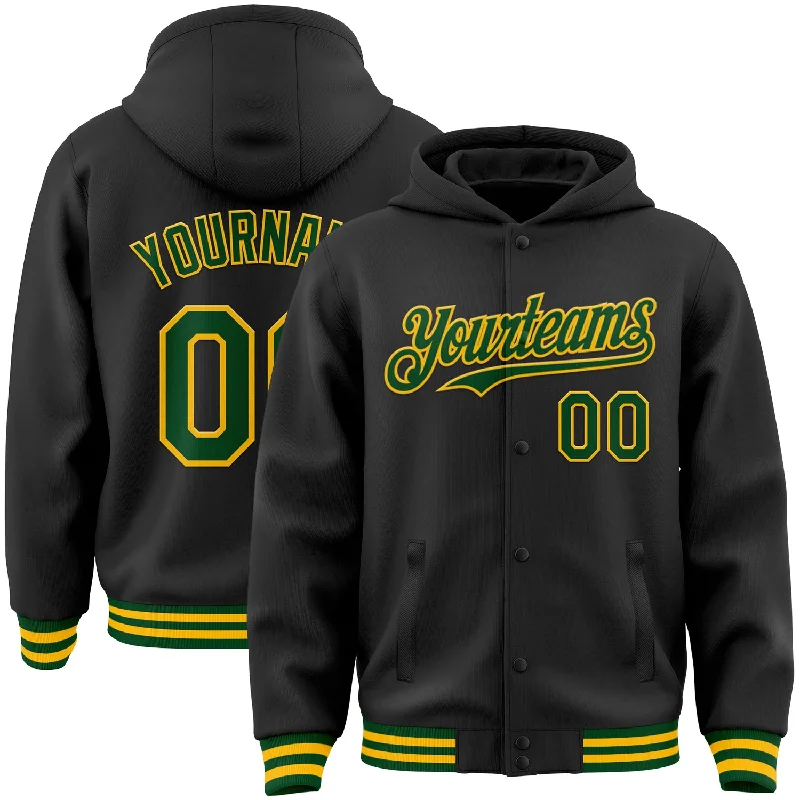 Sleek And Stylish Unisex Outerwear Elevated Casual Discounts Custom Black Green-Gold Bomber Full-Snap Varsity Letterman Hoodie Jacket