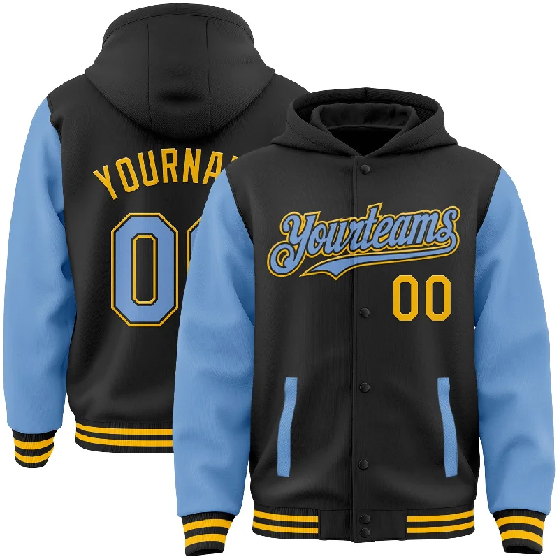 Chic And Casual Unisex Fashion Trends High-End Style Discounts Custom Black Light Blue-Gold Bomber Full-Snap Varsity Letterman Two Tone Hoodie Jacket